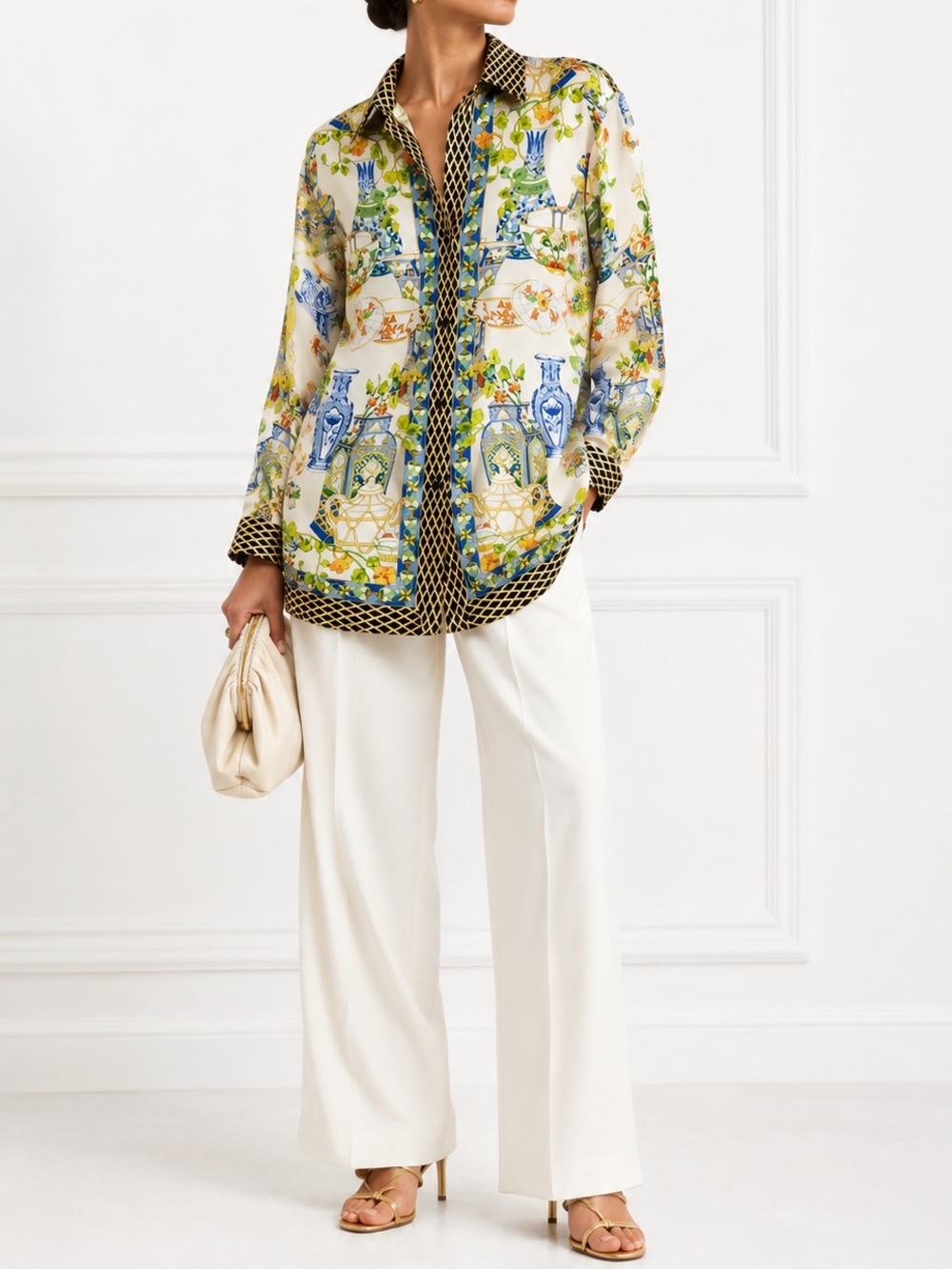 Carlisle 100% Silk Vintage Multicolor Vase Printed Button Down Blouse Size Large